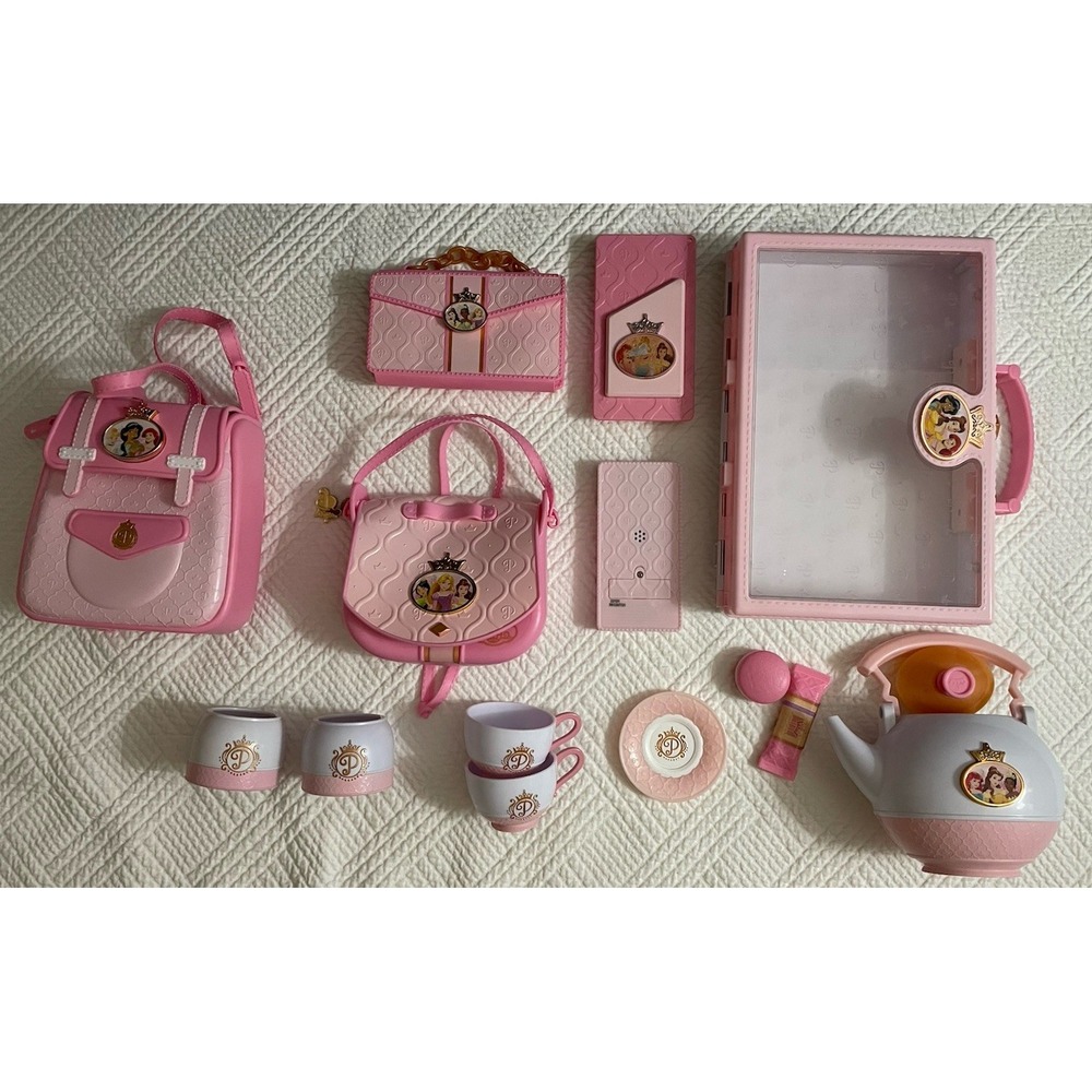 Lot Of Miscellaneous Disney Princess Items- Belle, Tiana, Ariel - Purses Tea Set